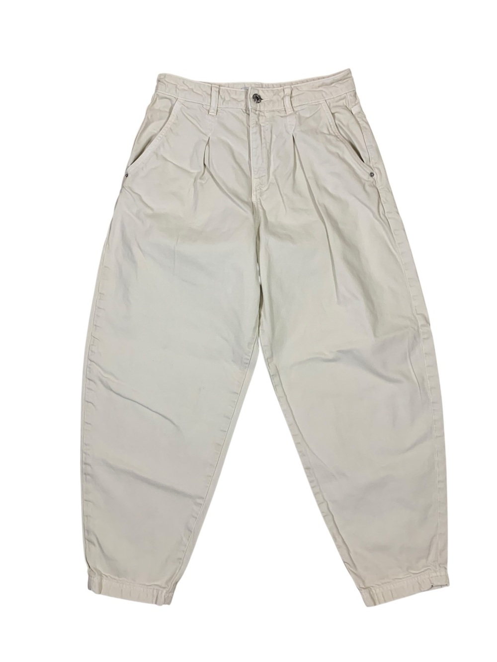 Zara Ivory Barrel Leg Jeans Elastic Hem Casual Utility Womens 4